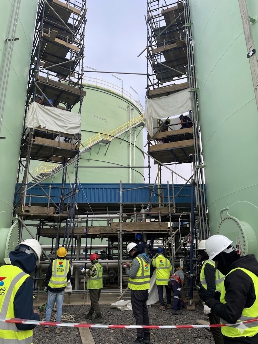 SHICO crew on large storage tanks with scaffolding